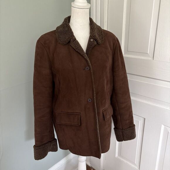 Lands' End Brown Suede-Like Shearling Soft Woman's Coat Jacket Large 14-16 - Picture 1 of 6